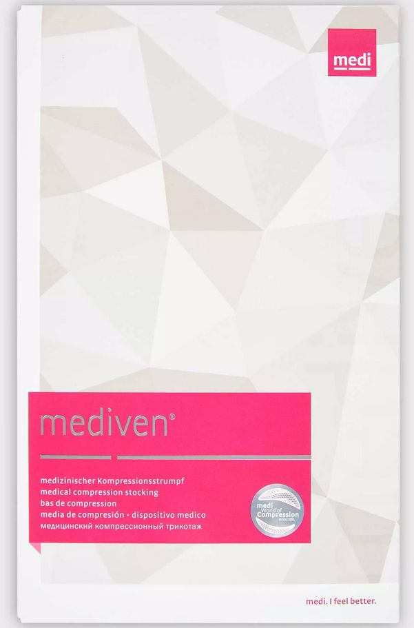 Verpackung von medi mediven. Rosa Rechteck mit Produktnamen und mehrsprachigen Produktbezeichnungen. Weißer Hintergrund.
