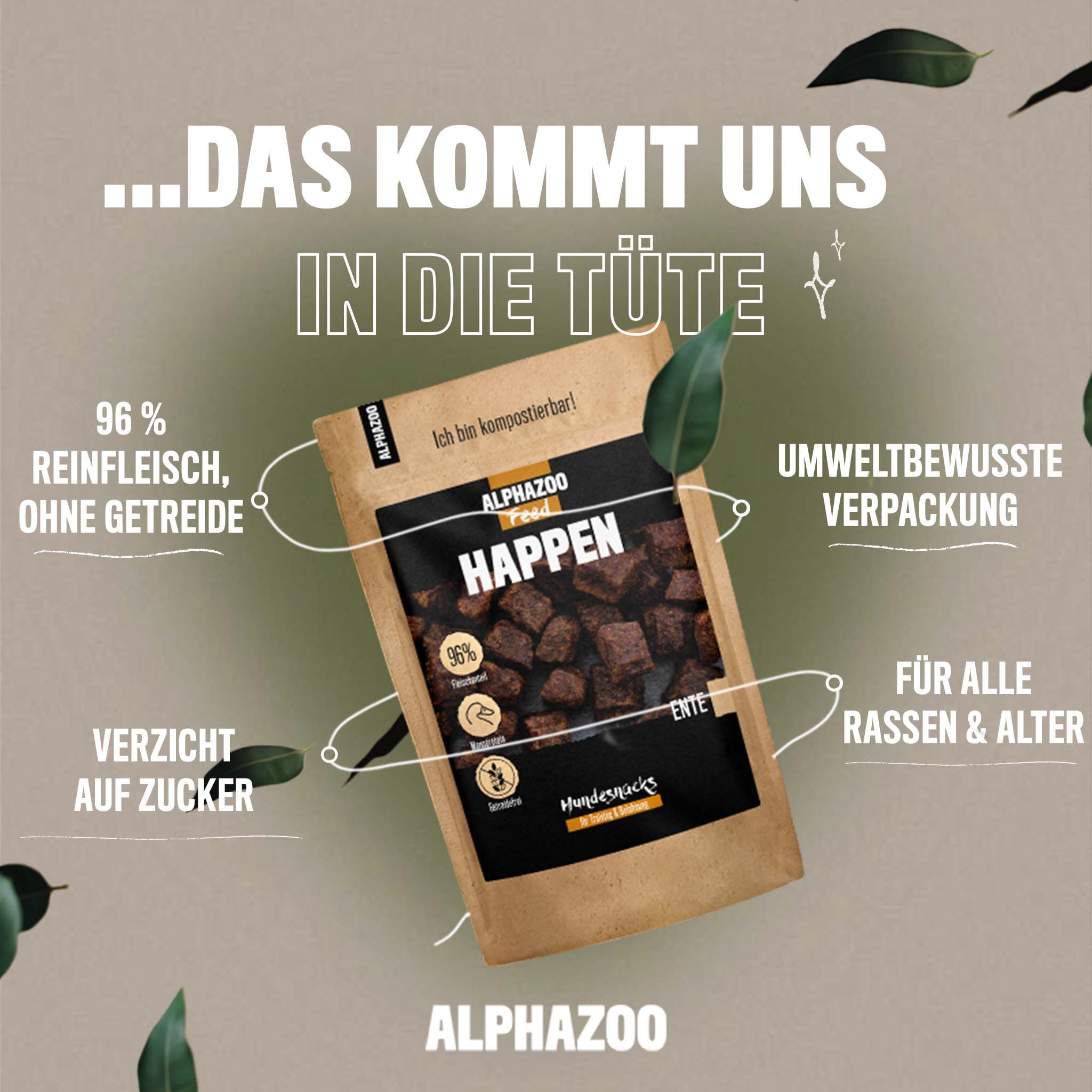 Produktabbildung. Beutel mit Hundesnacks. Text: ALPHAZOO Happen. 96% Fleisch, ohne Getreide, ohne Zucker, für alle Rassen.