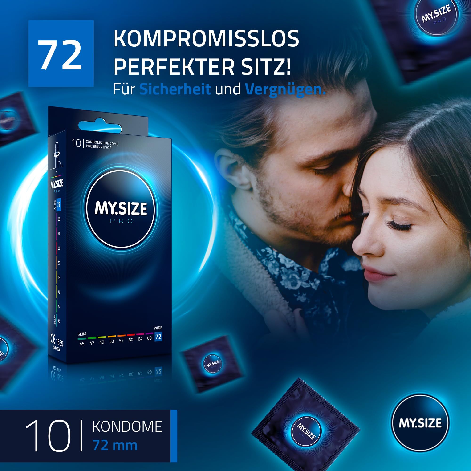 MY.SIZE PRO Kondompackung mit 72 Stück, 72 mm Breite. Paar im Hintergrund.