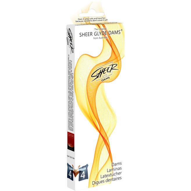 Schmale Verpackung mit Produktname und Logo. Enthält 4 Latex-Tücher. Gelb-oranges Design mit Wellenmuster. Text: Sheer Glyde Dams.