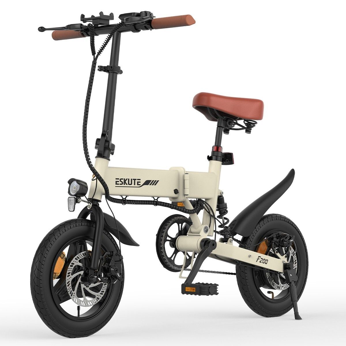 Faltbares Elektrofahrrad. Beige Rahmen, brauner Sattel und Lenker. Schwarze Reifen und Schutzbleche. Marke ESKUTE.