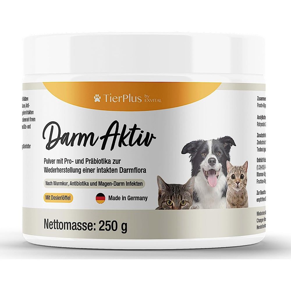 Dose mit Darm Aktiv Pulver. Hunde- und Katzenabbildung. Text: Pro- und Präbiotika. 250 g. Made in Germany.