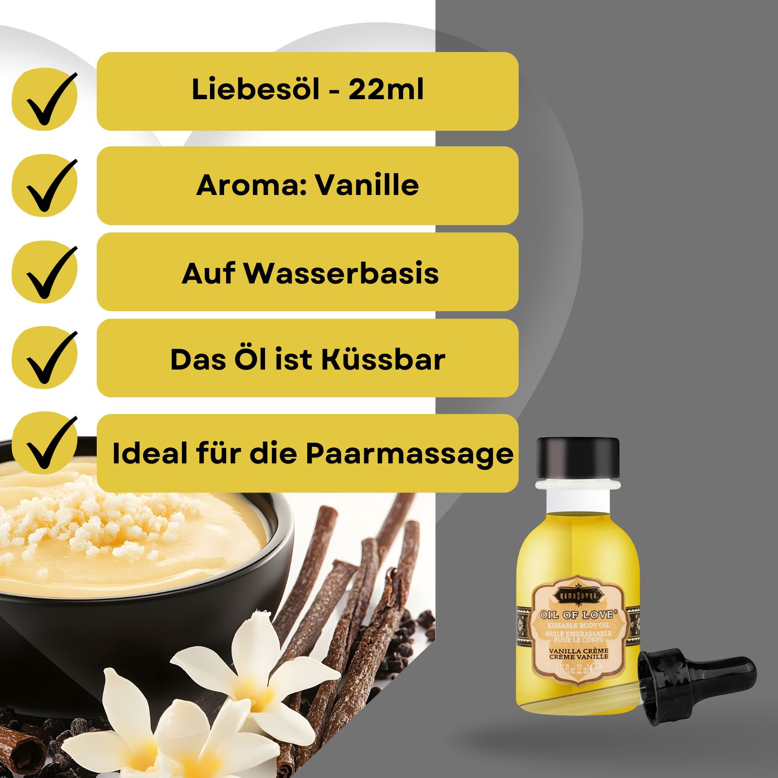 Produktflasche mit Vanillecreme-Elementen. Text: Liebesöl, Aroma: Vanille, auf Wasserbasis, küssbar, ideal für Paarmassage.
