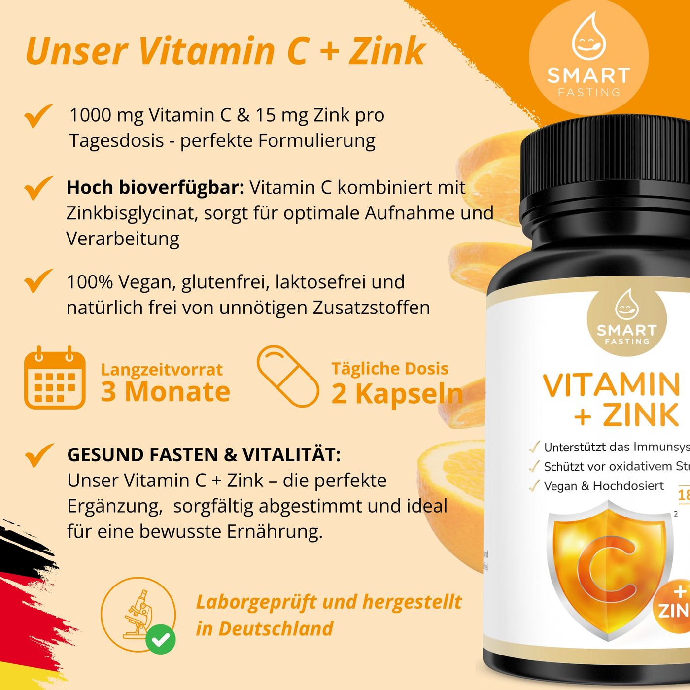 Braune Flasche mit schwarzen Deckel. Aufschrift: Vitamin C + Zink. Orangen und Text auf gelben Hintergrund.