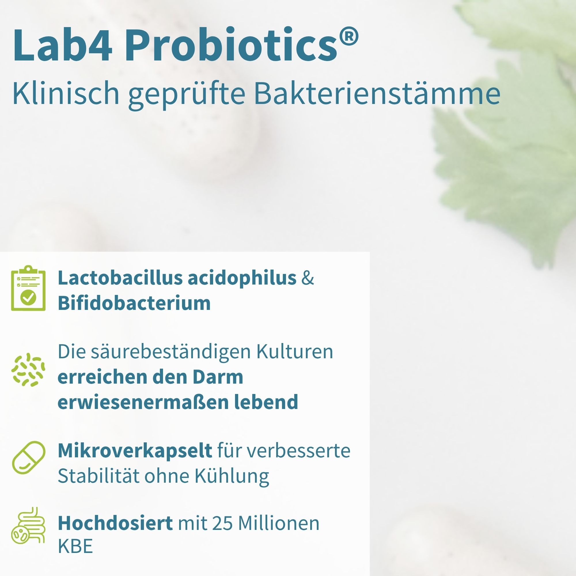 Lab4 Probiotika: Lactobacillus acidophilus & Bifidobacterium, säurebeständig, mikroverkapselt.