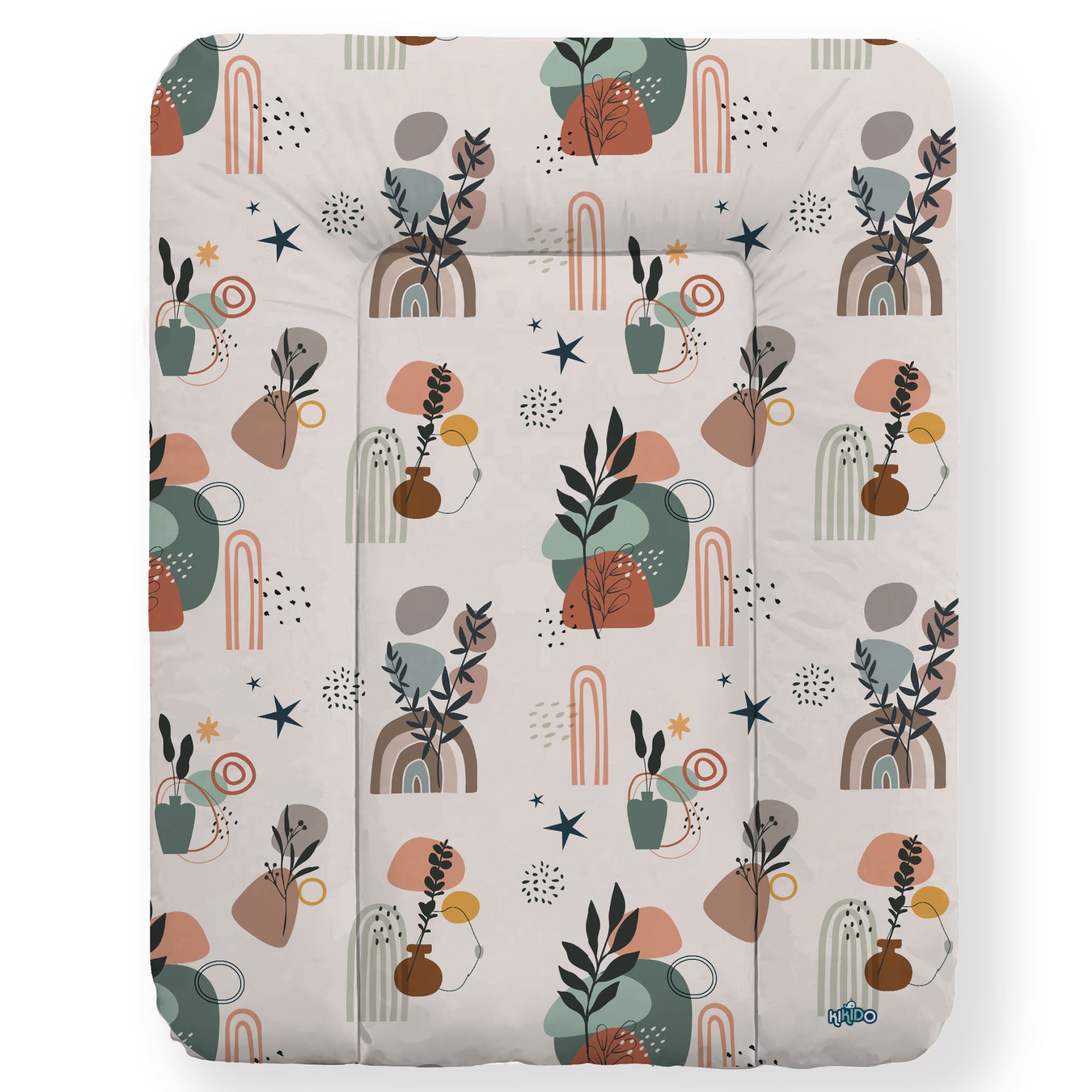 Weiche Wickelauflage mit Muster aus Pflanzen und Sternen. Beige Grundfarbe.