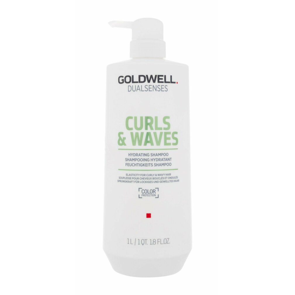Goldwell Dual Senses Curls & Waves Shampoo. Weiße Flasche mit Pumpe. Text: Curls & Waves, Hydrating Shampoo. 1L/1QT 1.8 FL.OZ.