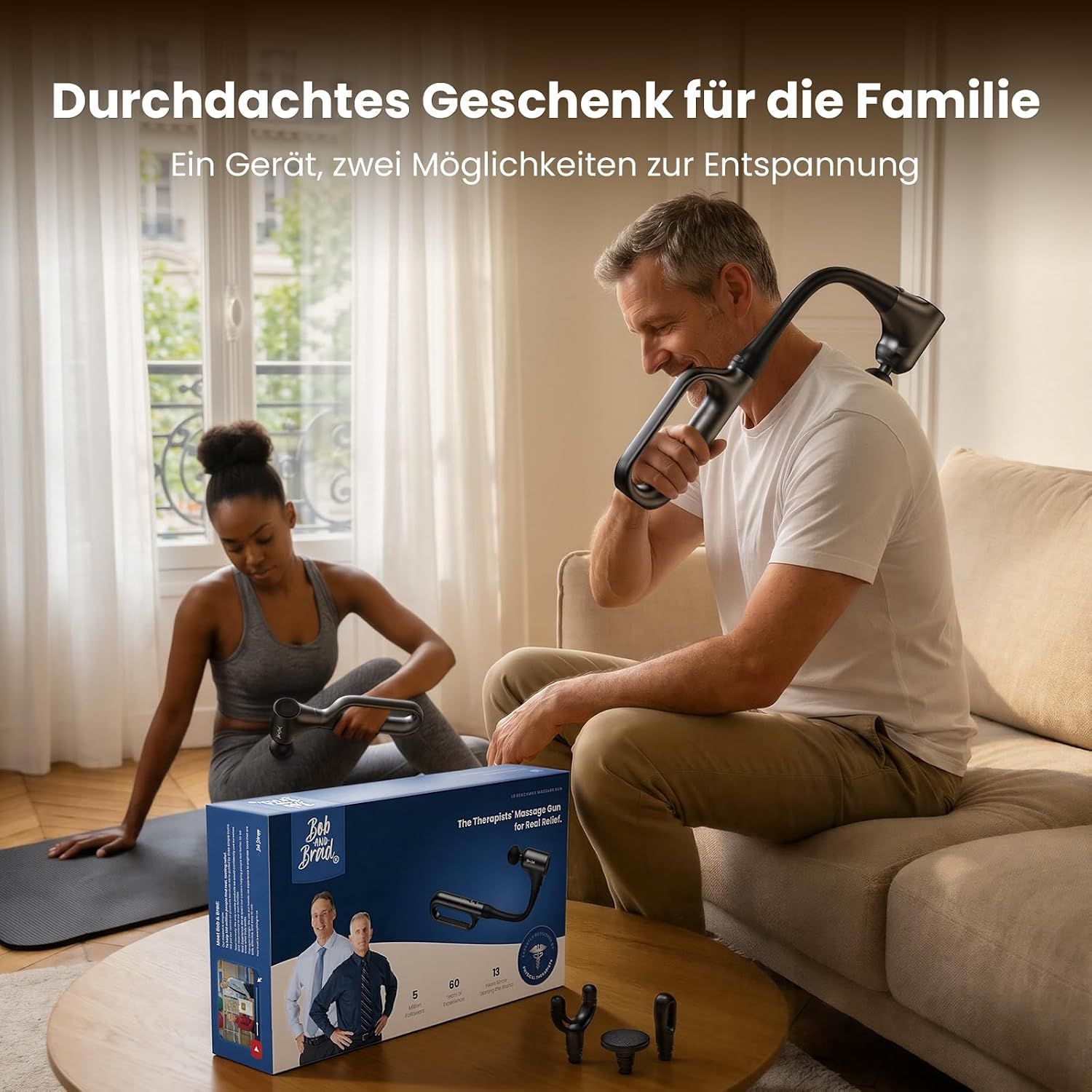 Massagegerät mit abnehmbarem D-Griff und Snap-Lock-Verbindung.