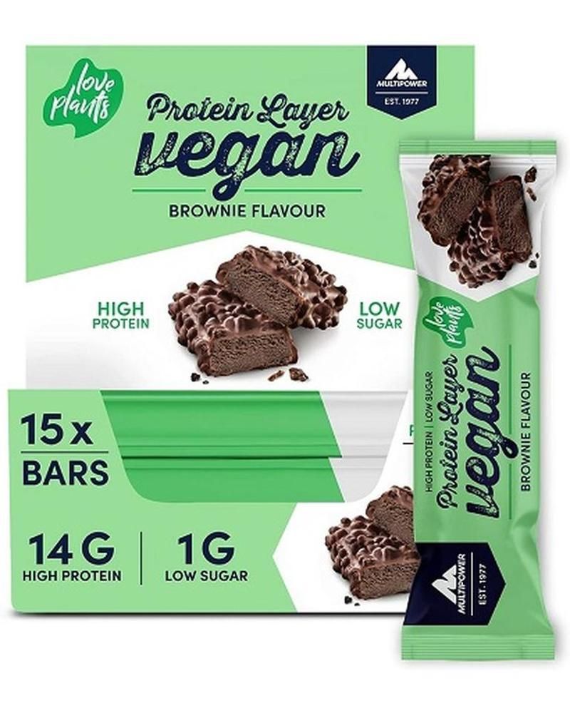 Verpackung mit 15 Proteinriegeln, vegan, Brownie-Geschmack. Einzelner Riegel daneben. Aufschrift: High Protein, Low Sugar. Marke: Multipower.