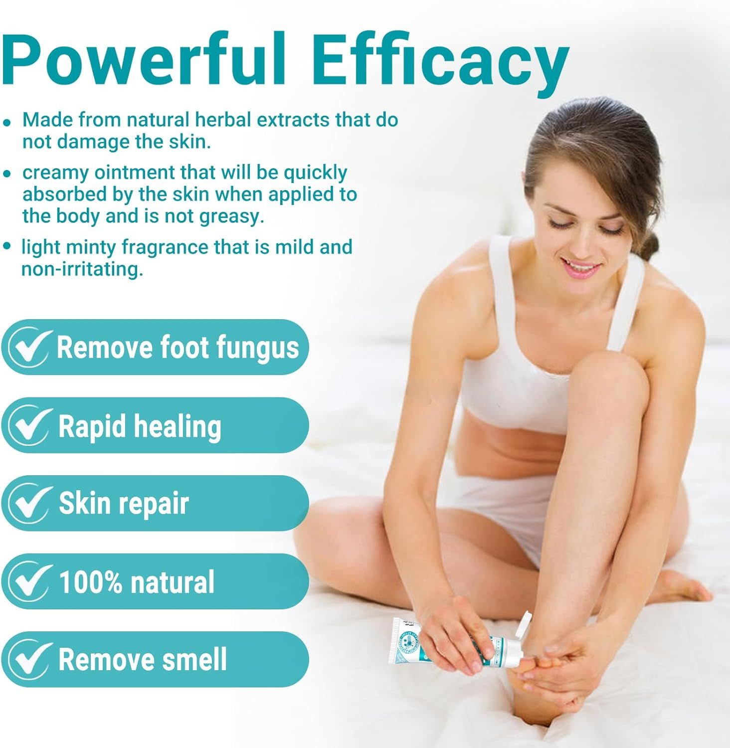 Frau sitzt und trägt Creme auf den Fuß auf. Produkt-Tube sichtbar. Text: Entfernt Fußpilz, schnelle Heilung, Hautreparatur, 100% natürlich, entfernt Geruch.
