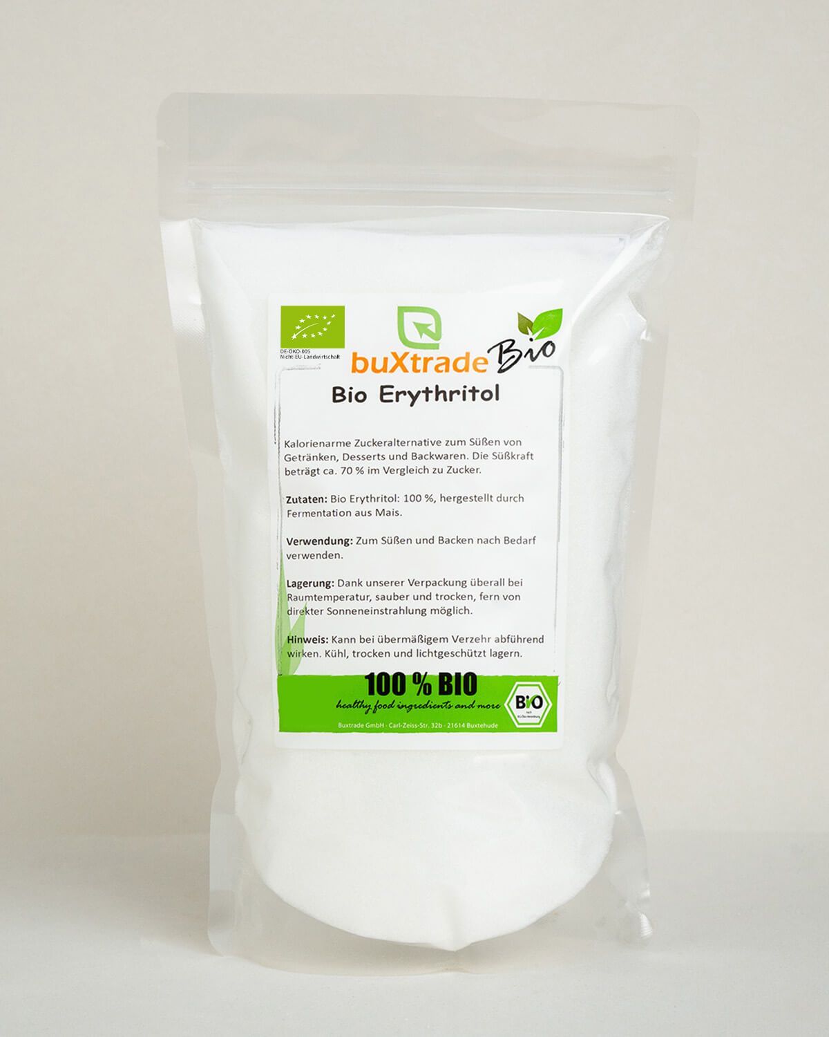 Bags of buXtrade Bio Erythritol, a sugar substitute.