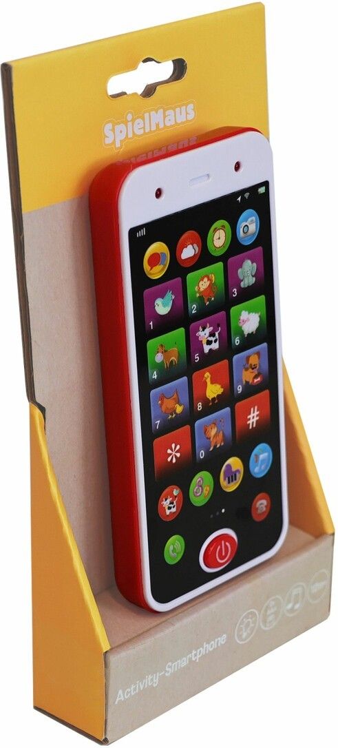 Spielmaus Activity-Smartphone in Verpackung. Rotes Smartphone mit weißen Rändern. Bunte App-Symbole. "Spielmaus" Logo. "Activity-Smartphone" Schriftzug.