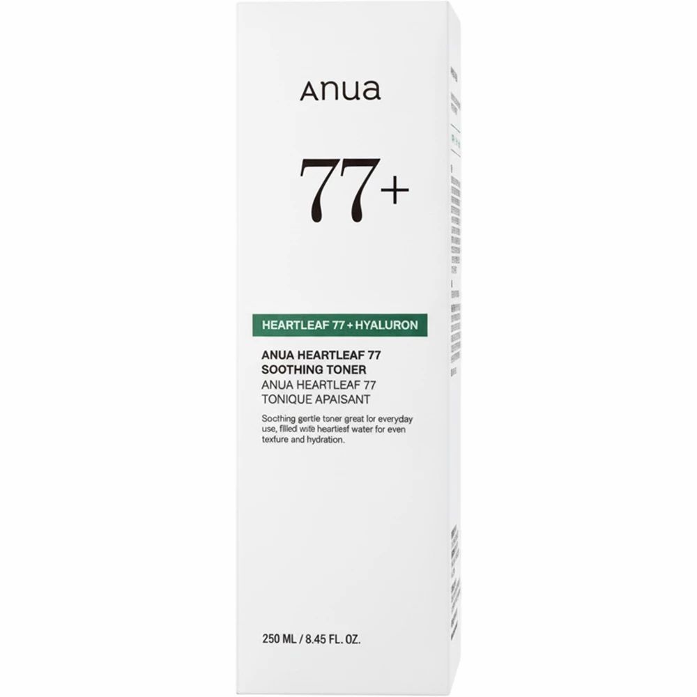 Verpackungsbox des Gesichtstoners mit "Anua 77+" und Produktinformationen.