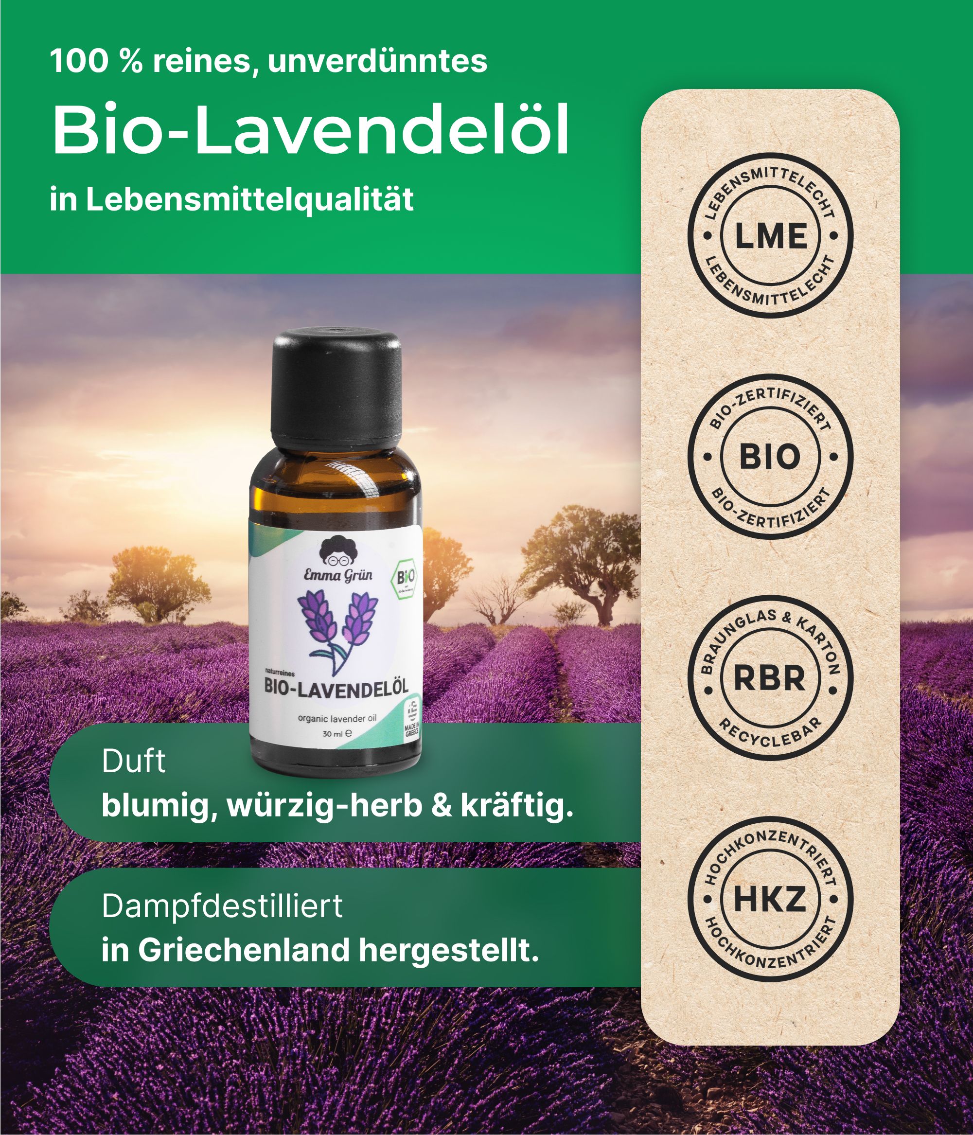 Flasche Bio-Lavendelöl vor Lavendelfeld. Text: 100% reines, unverdünntes Bio-Lavendelöl in Lebensmittelqualität. Siegel.