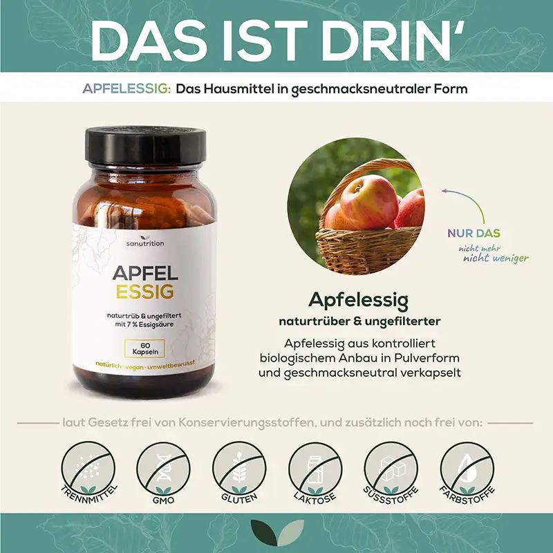 Werbung mit Produktabbildung. Braune Kapsel-Flasche mit "APFELESSIG". Text: naturtrüb & ungefiltert. Logos: frei von Zusätzen.