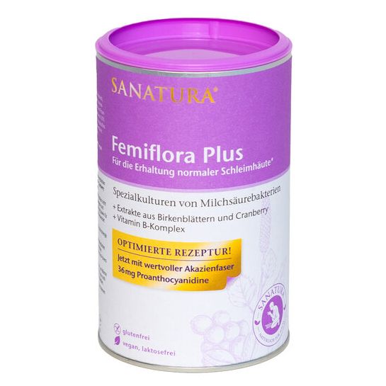 Zylindrische Dose mit lila Deckel. Aufschrift: Sanatura Femiflora Plus. Enthält Milchsäurebakterien, Birkenblätter, Cranberry und Vitamin B-Komplex. Glutenfrei, vegan, laktosefrei.