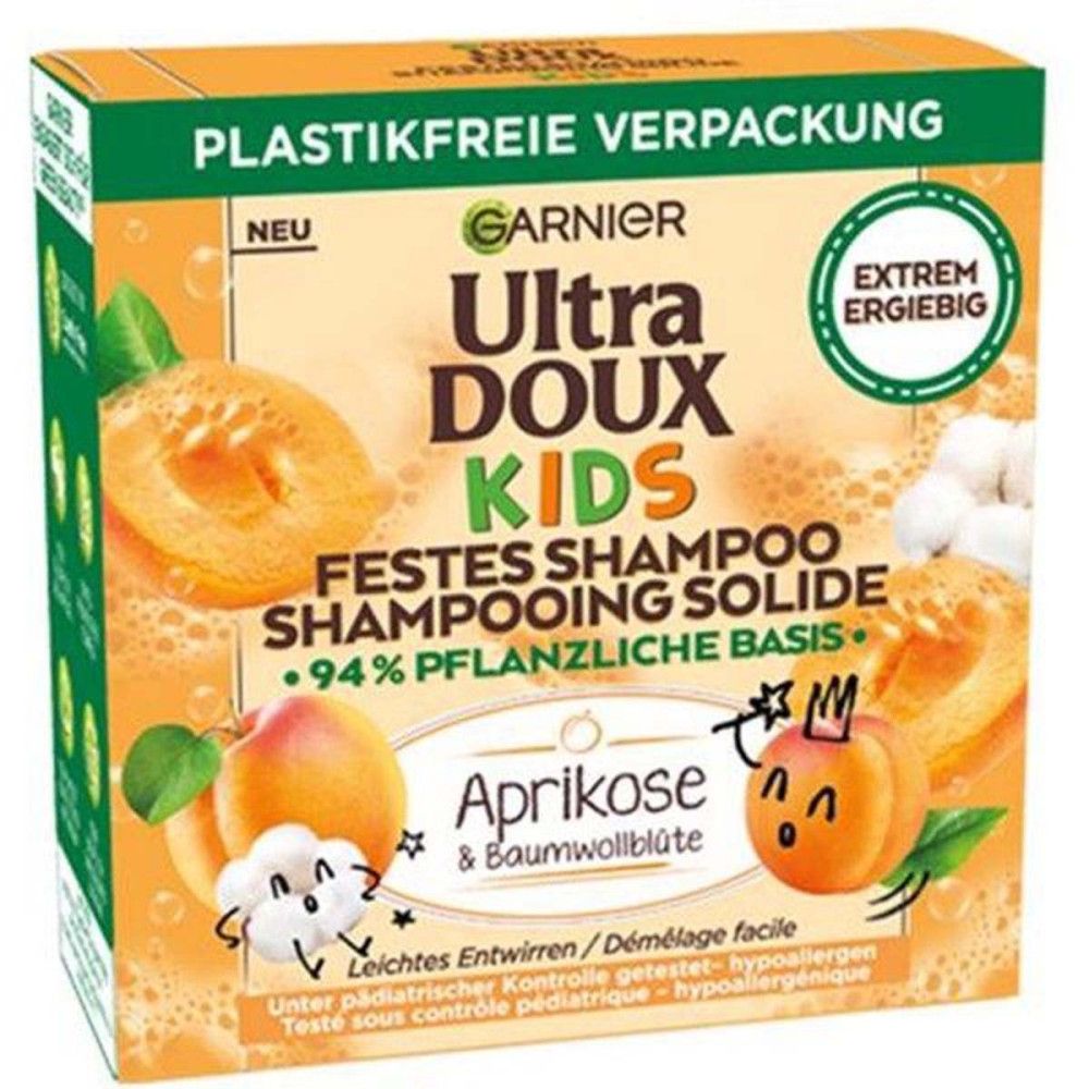 Garnier Ultra Doux Kids festes Shampoo mit Aprikose & Baumwollblüte in plastikfreier Verpackung.