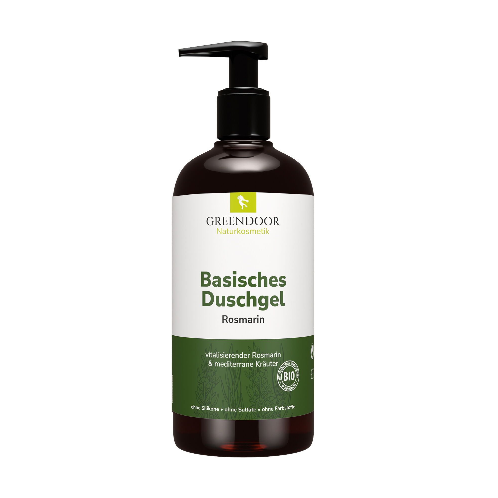 Braune Flasche mit schwarzem Pumpkopf. Aufschrift: GREENDOOR Basisches Duschgel Rosmarin. Bio-Siegel.