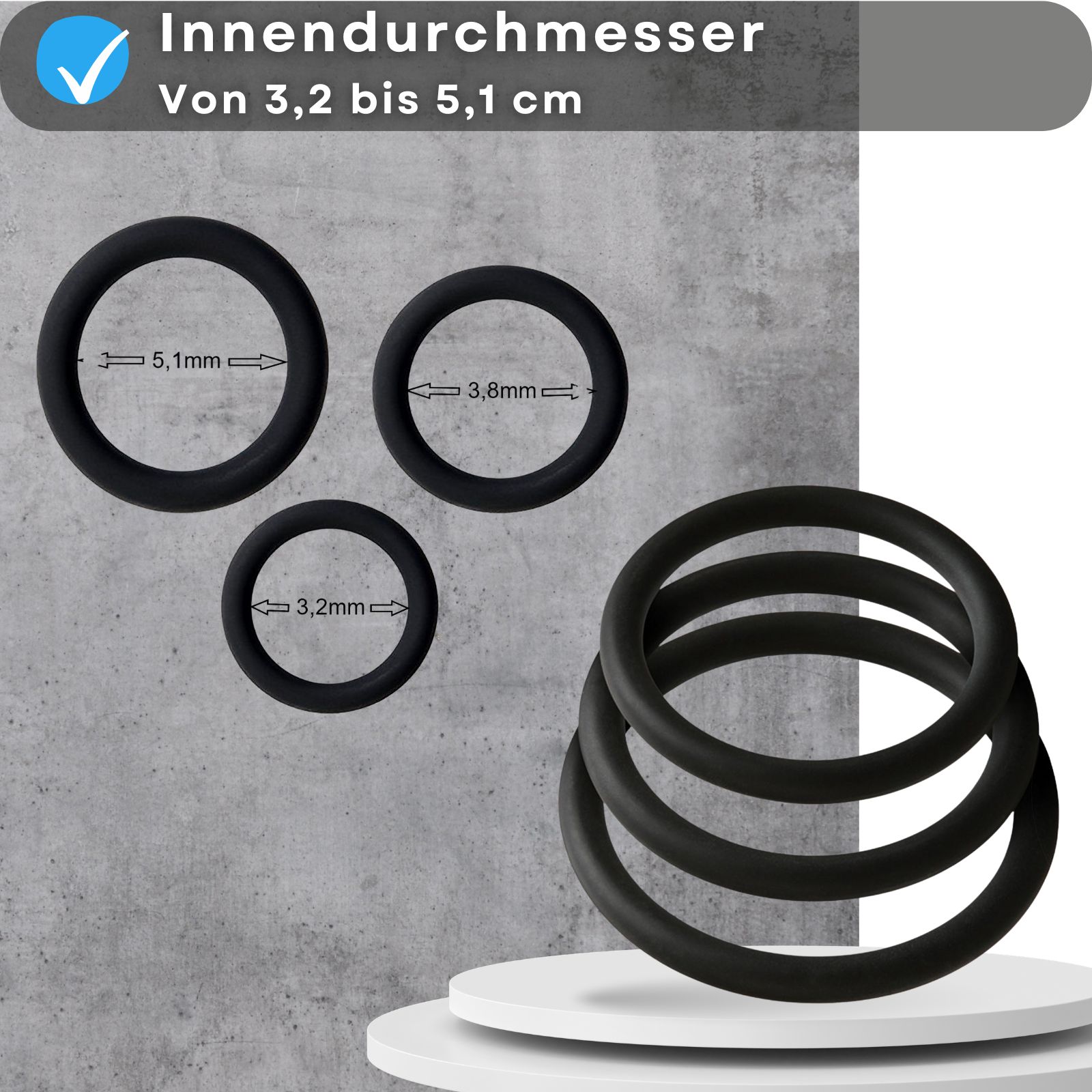 Drei schwarze Penisringe und Größenangaben: 3,2 bis 5,1 cm Innendurchmesser.