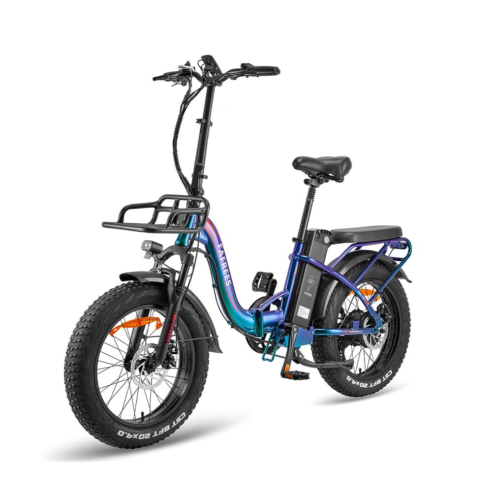 Faltbares E-Bike Fafrees. Breitreifen, schwarz, blau, grün. Korb, Gepäckträger, Schutzbleche. Akku am Rahmen.
