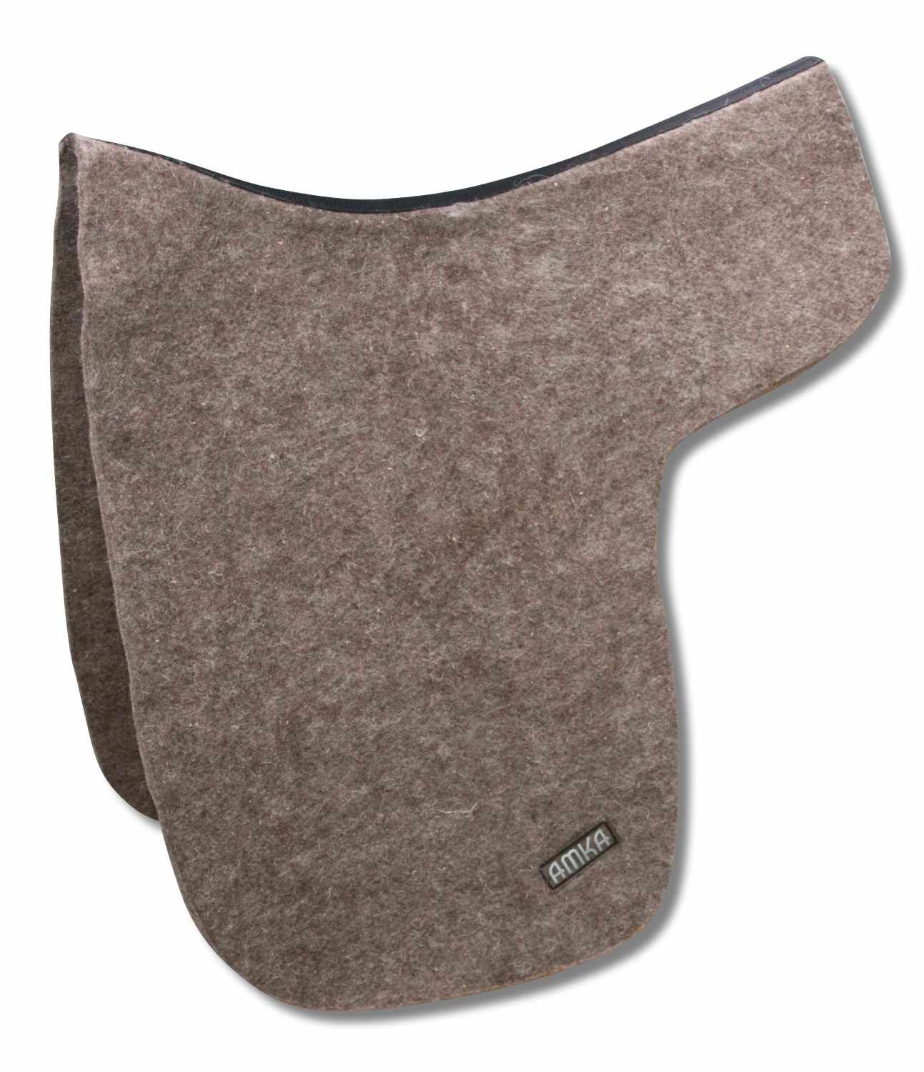 Braune Filz-Dressursattel-Unterdecke. Schwarzer Rand, AMKA-Logo.