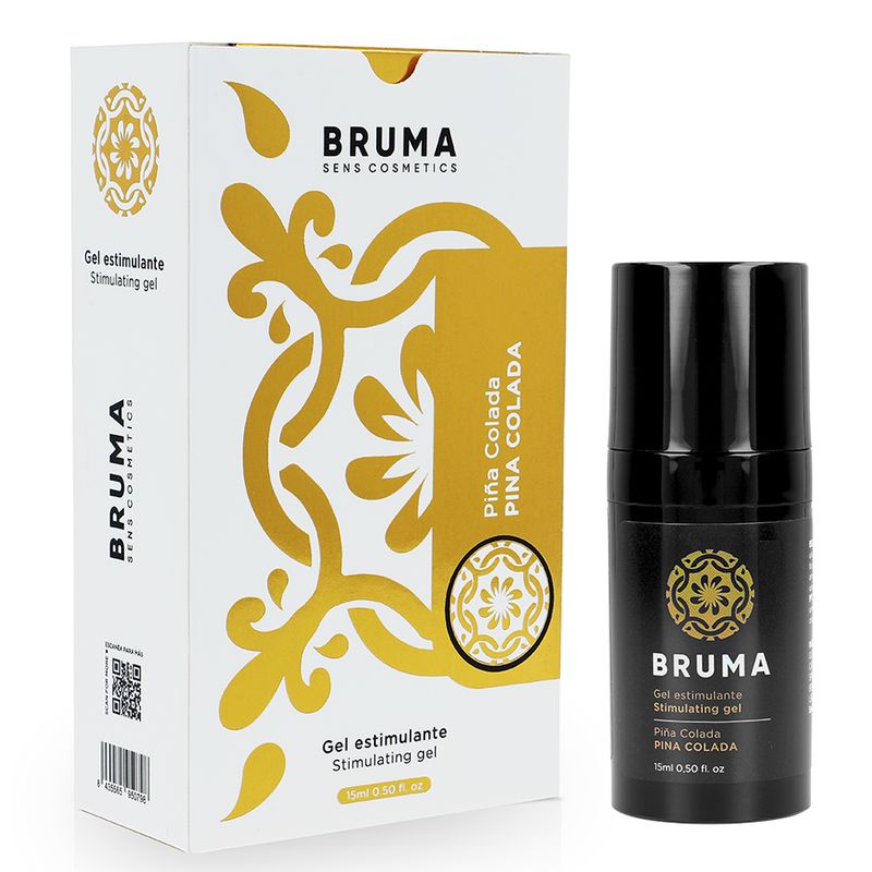 Produkt und Verpackung. Aufschrift: BRUMA SENS COSMETICS. Gel mit Pina Colada-Geschmack. 15 ml Format.