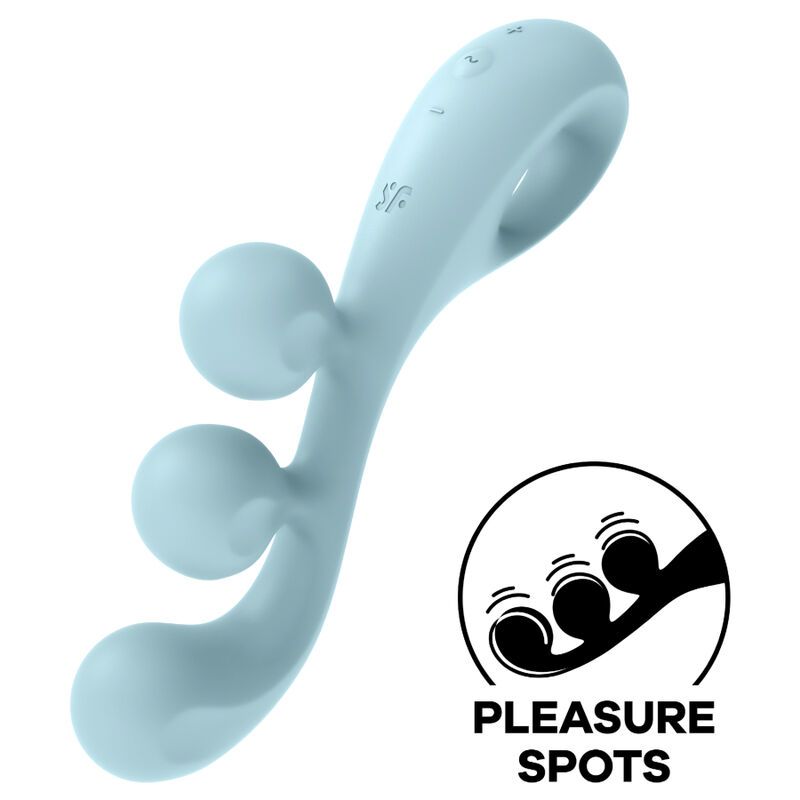 Hellblauer Multi-Vibrator mit drei Kugeln und einem Ring. Mit Illustration 'Pleasure Spots'.