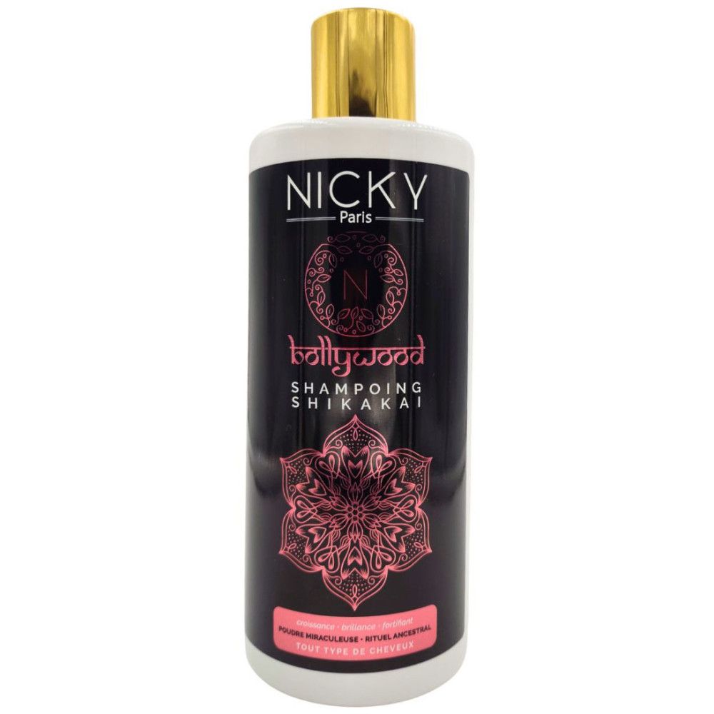 Shampoo-Flasche mit schwarzem Etikett, rosa Mandala-Design und goldfarbenem Deckel. Aufschrift: Nicky Paris, Bollywood.