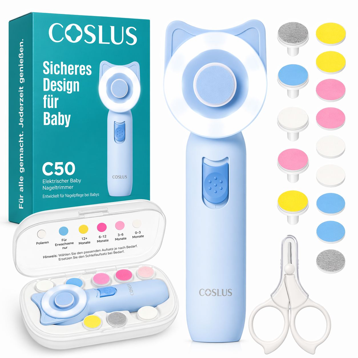Nagelpflegeset mit Verpackung. Blaues Gerät mit Zubehör. Text: COSLUS, sicheres Design für Baby, C50, elektrische Baby-Nagelpflege.