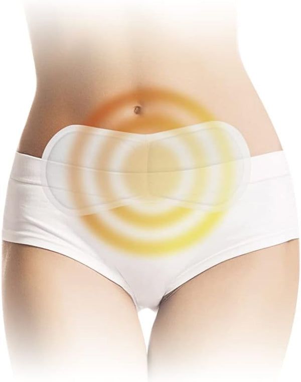 Abbildung eines Wärmepflasters auf einem Bauch. Wärme-Effekt in Gelb und Orange dargestellt. Pflaster in weiß, rechteckige Form mit Aussparung.