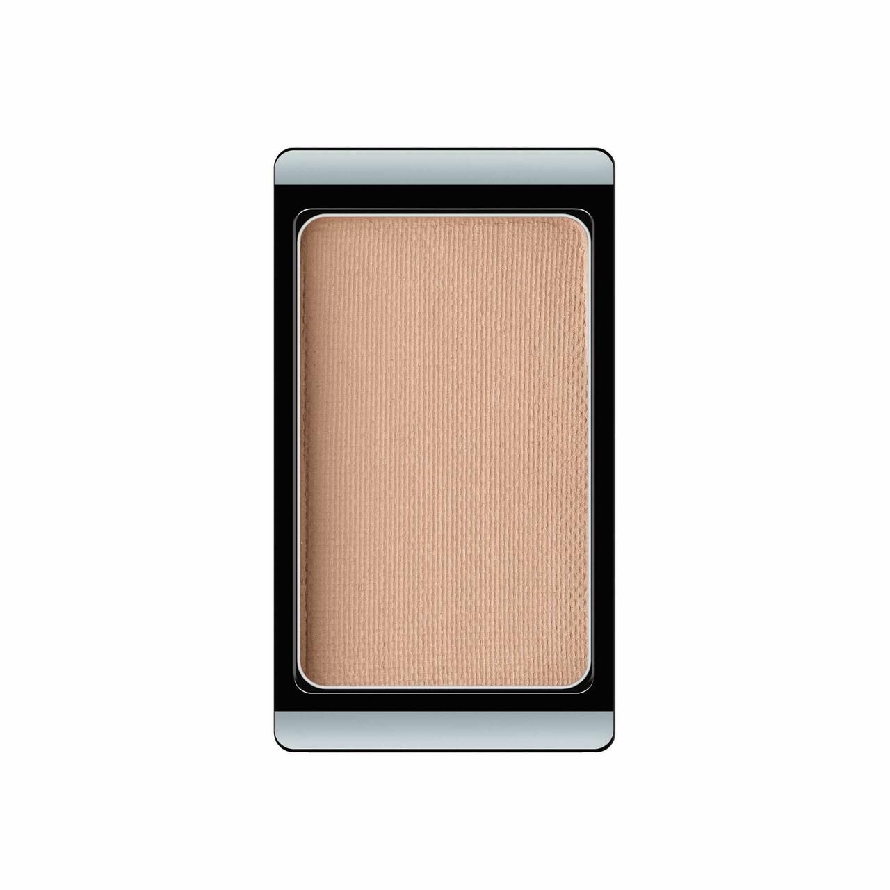 Rechteckiger Eyeshadow-Kasten mit hellbraunem Puder. Schwarzer Rahmen, silberne Umrandung.
