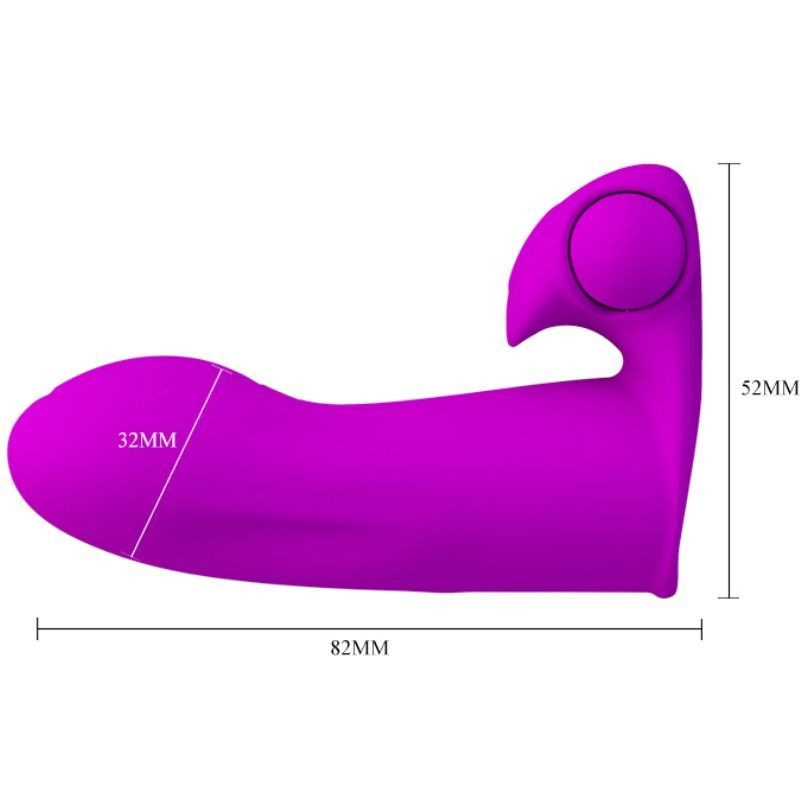 Pinkfarbener Fingeraufsatzvibrator. Maße: 82x52x32mm. Sichtbarer Knopf.