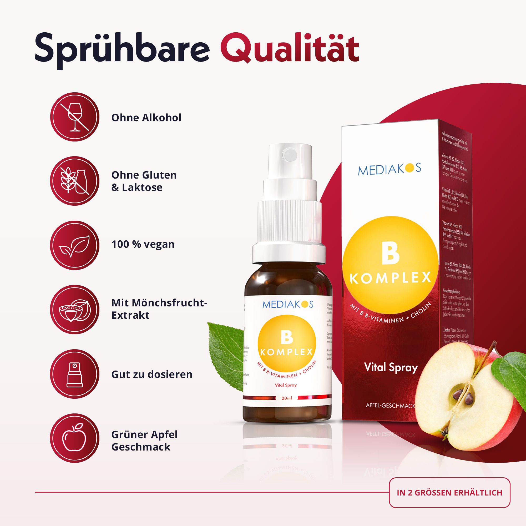 Braune Sprühflasche und Karton mit gelbem Kreis und Text. Vital Spray, Apfel-Geschmack. Apfelhälfte.