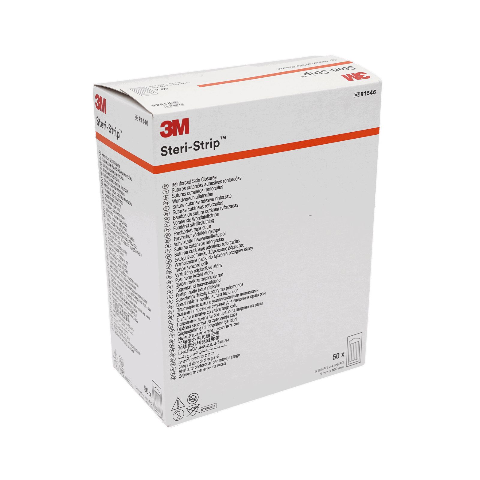 3M Steri-Strip Verpackung, schräg von vorne. Weißer Karton mit roter Linie und Produktnamen. Enthält 50 Stück.