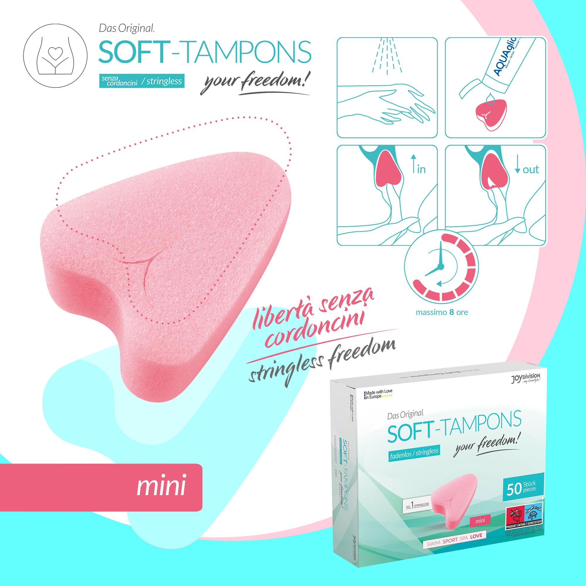 Soft Tampons mini: Rosa herzförmiger Tampon und Anwendungshinweise. Packung mit 50 Stück.