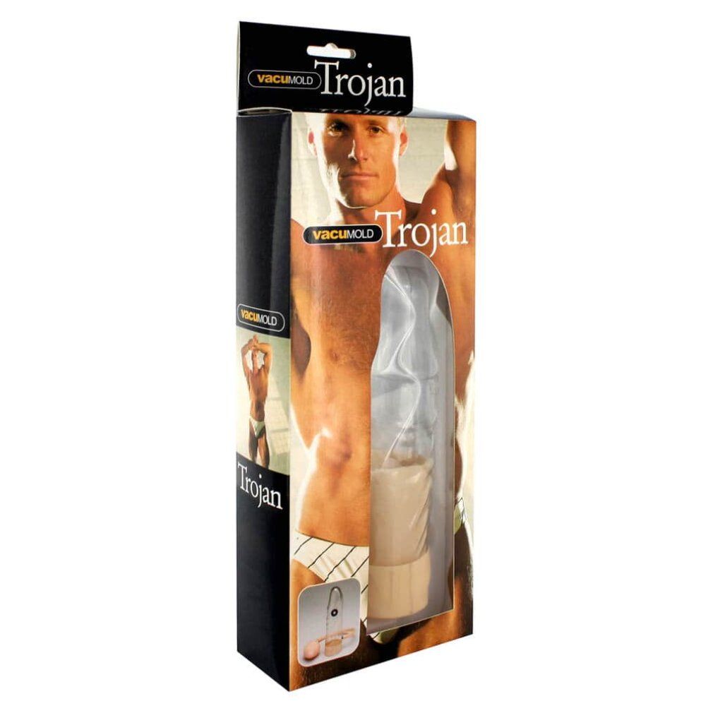 Penispumpe "Trojan" in Verpackung. Transparentes Gehäuse, orangefarbene Basis. Mann auf der Verpackung.