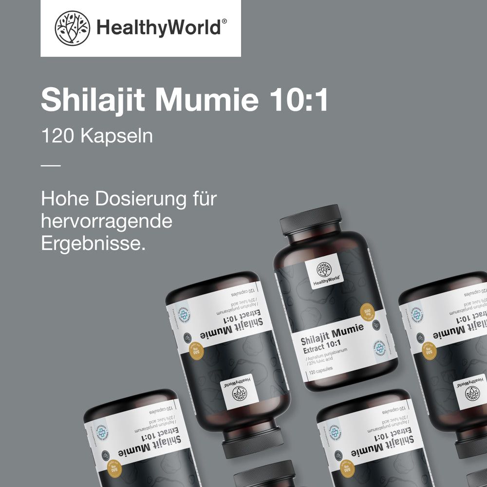 Mehrere Flaschen mit Produktetikett. Aufschrift: Shilajit Mumie 10:1, 120 Kapseln. Text: Hohe Dosierung für Ergebnisse.