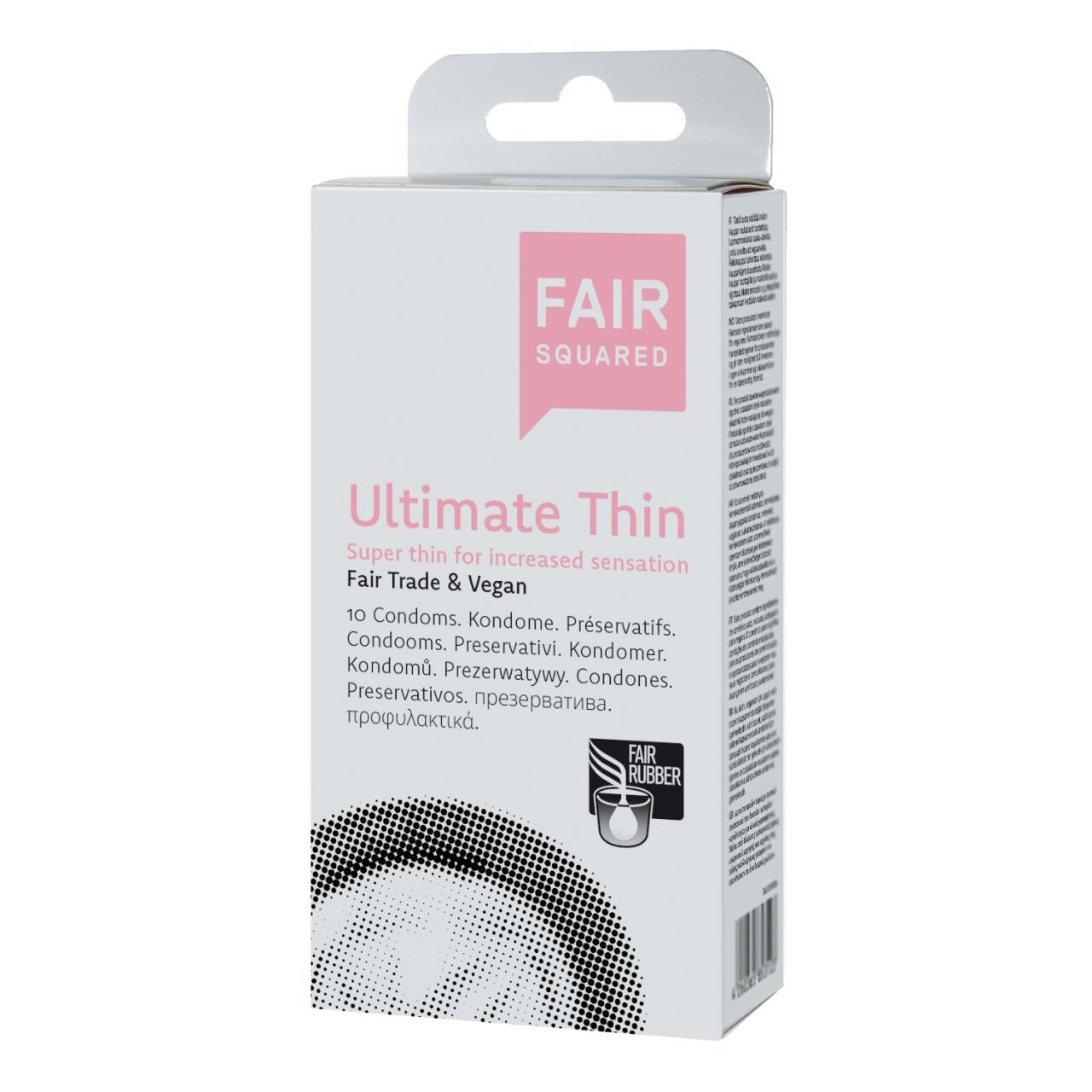 Verpackung von Fair Squared Ultimate Thin Kondomen. Rosa Logo, Produktname und Text. 10 Kondome, Fair Trade & Vegan. Mit Aufhänger.
