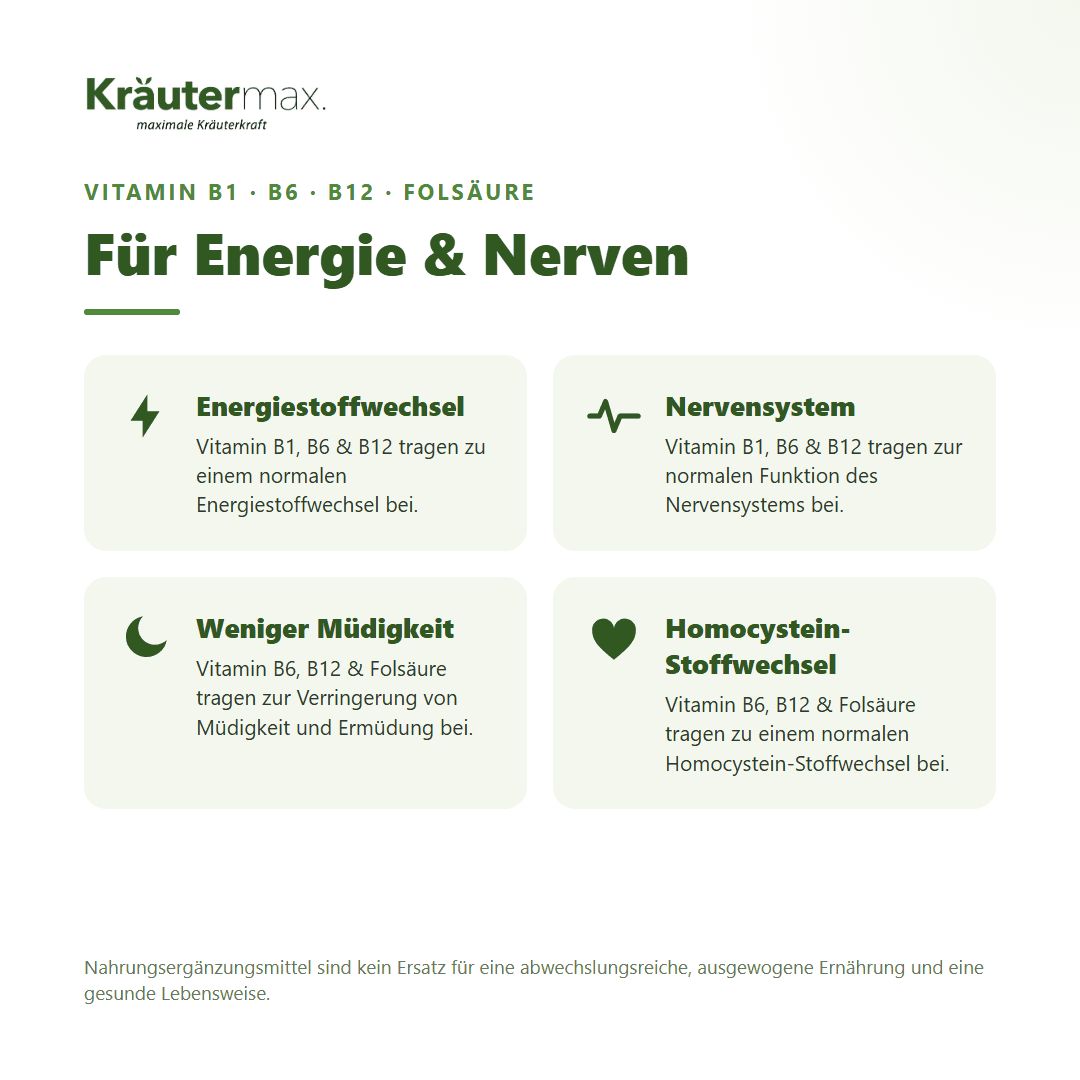 Zusammensetzung von Kräutermax Energie+ Kapseln: L-Carnitin, Magnesium, Coenzym Q10, Taurin, Vitamine B1, B6, Folsäure, B12.
