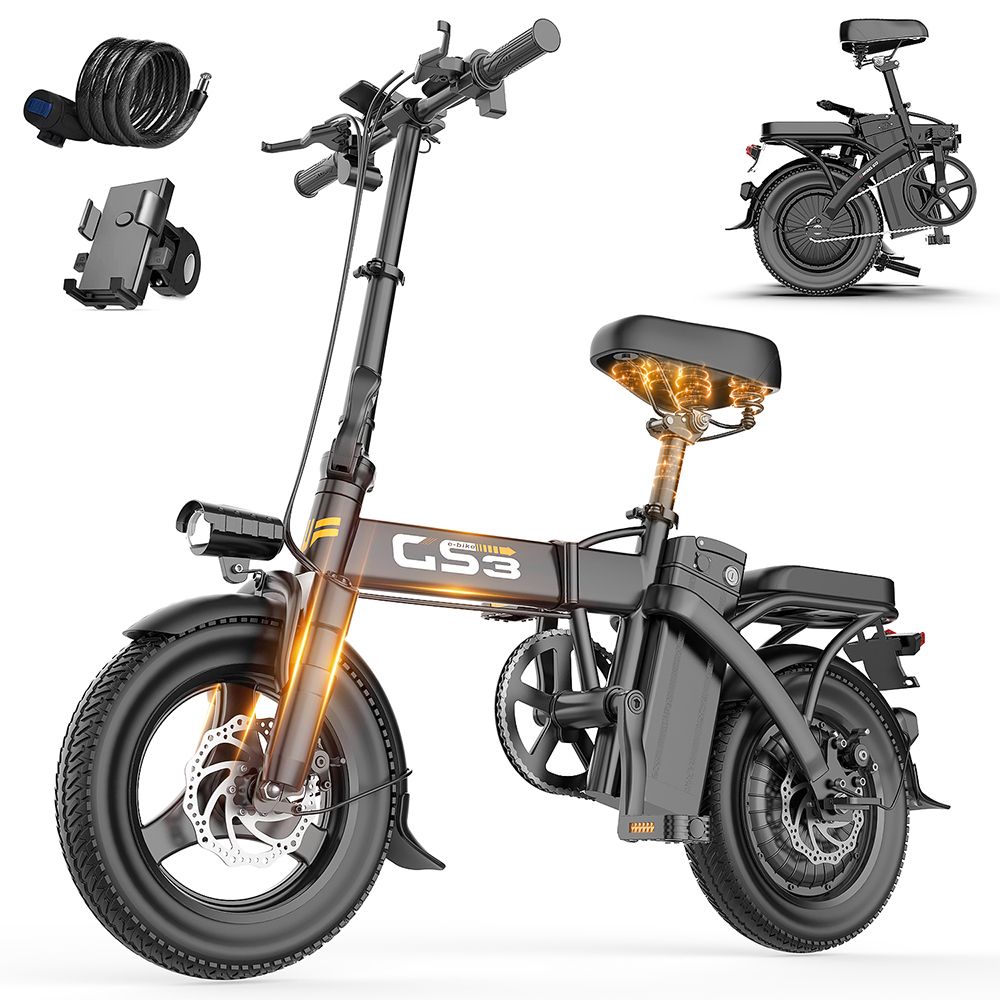 E-Bike GS3 mit Zubehör: Schloss, Telefonhalterung. Schwarzes Fahrrad, Frontscheinwerfer, Bremsscheiben, verstellbarer Sitz.