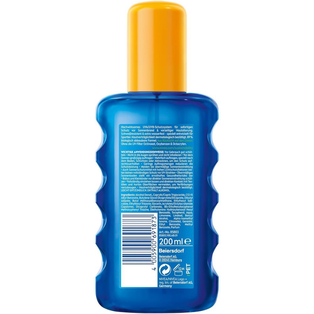 Rückseite einer blauen Sprühflasche. Text und Barcode. Angaben zu Inhaltsstoffen und Hersteller. Volumen: 200ml.
