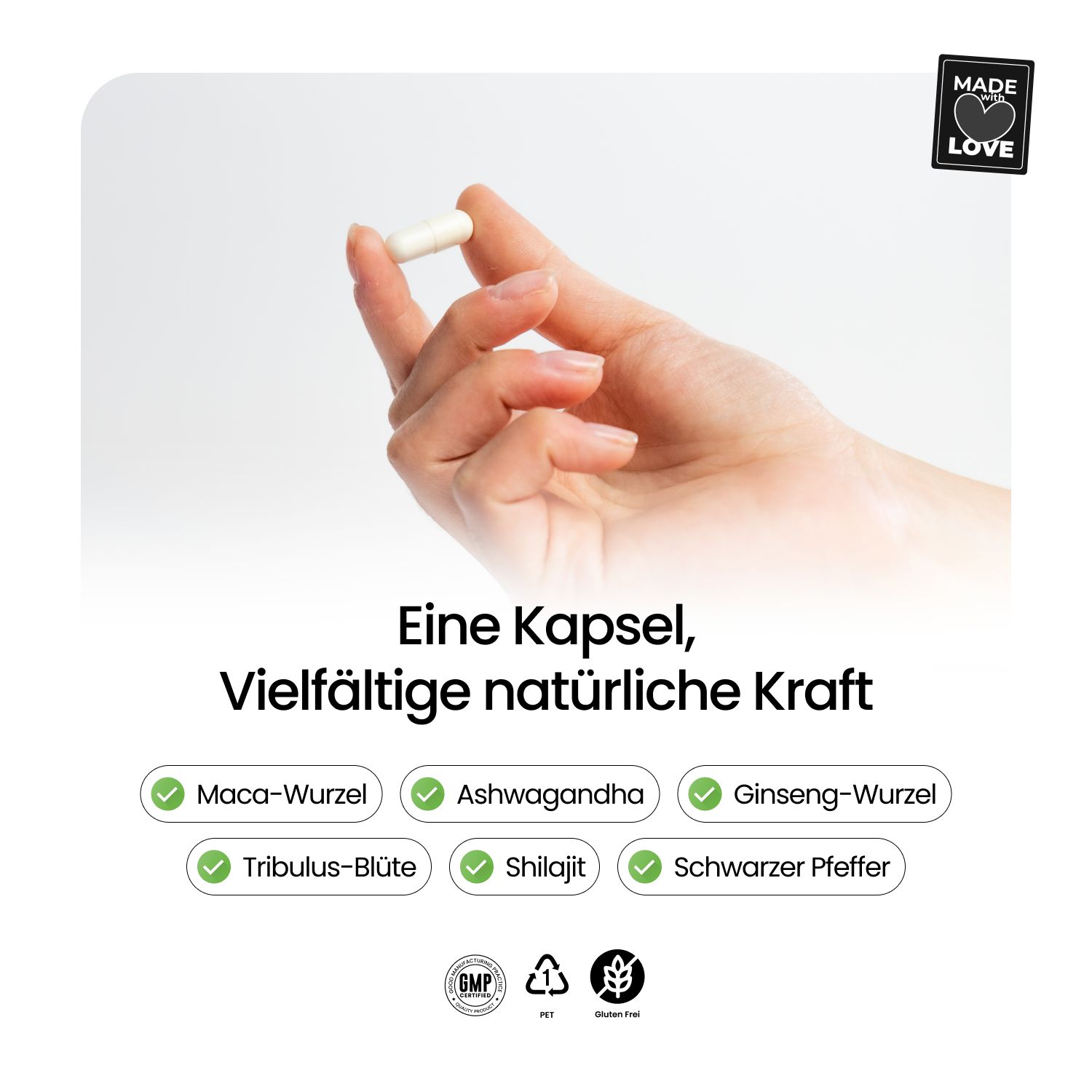 Hand hält eine Kapsel. Text: Eine Kapsel, vielfältige natürliche Kraft. Inhaltsstoffe mit Häkchen.