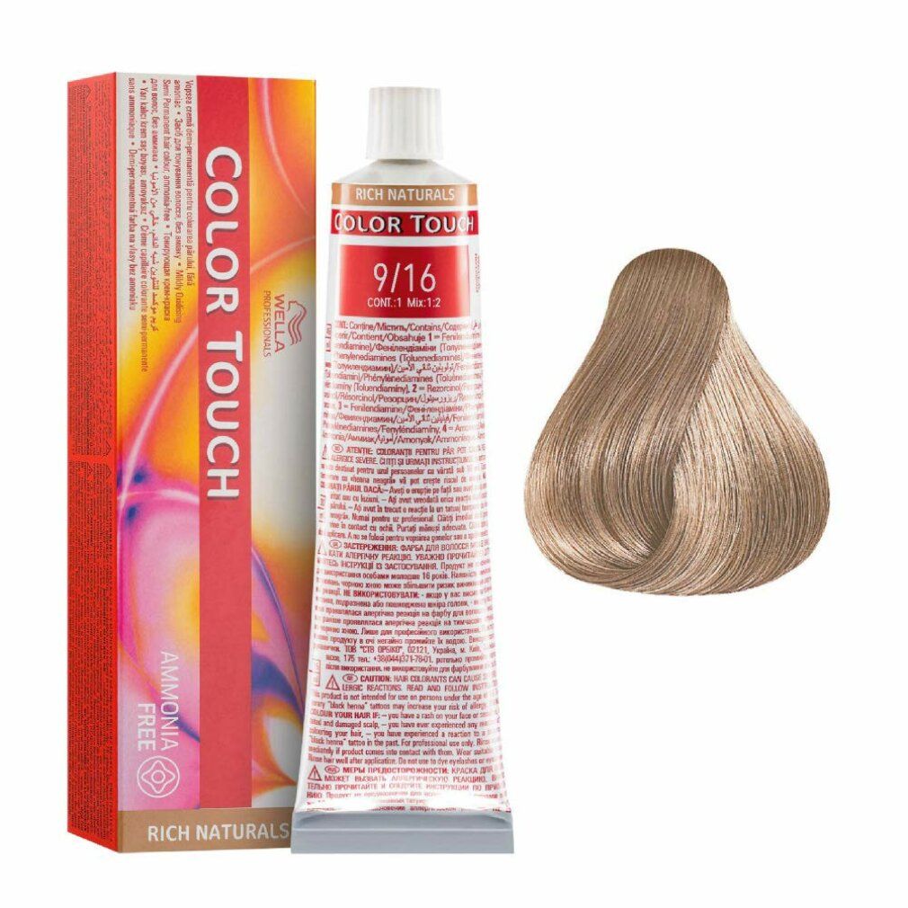 Haarfarbe Wella Color Touch Rich Naturals 9/16, Tube und Farbmuster. Verpackung mit Schriftzug Color Touch, ammonia free.
