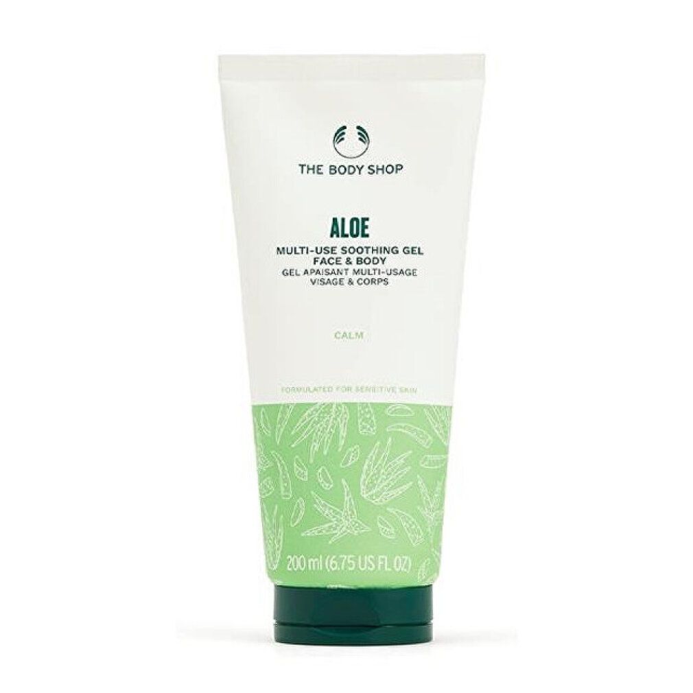 Tube Aloe Vera Gel. Weiß, grün. Aufschrift: Aloe Multi-Use Soothing Gel. Für Gesicht & Körper. 200 ml.