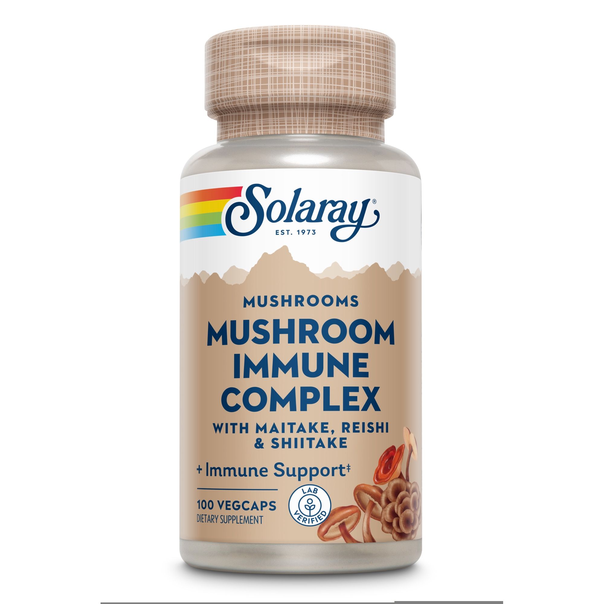 Solaray Mushroom Immune Complex. Flasche mit 100 Vegcaps. Enthält Maitake, Reishi und Shiitake. Mit Immune Support. Laborzertifiziert.