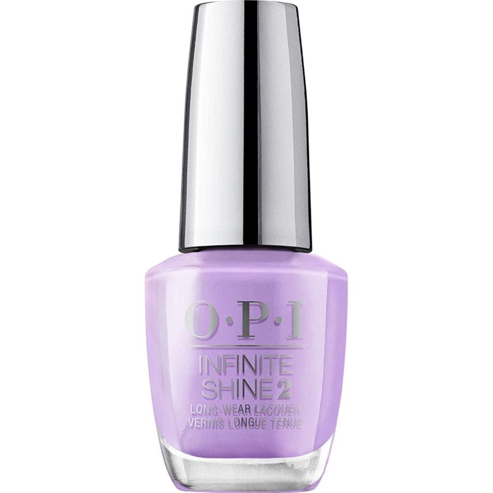 Nagellackflasche mit silbernem Deckel. Aufschrift: O.P.I Infinite Shine 2. Helllila Lack.