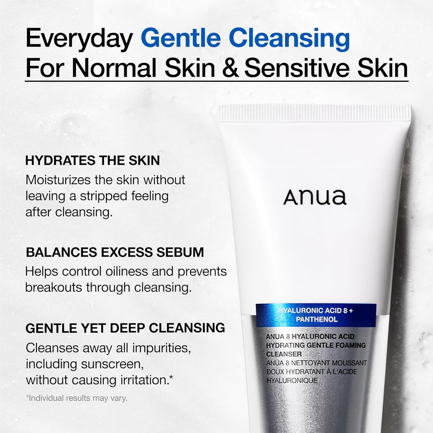 Weiße Tube mit Text. Text: Everyday Gentle Cleansing For Normal Skin & Sensitive Skin. Hydrates the skin, balances excess sebum.