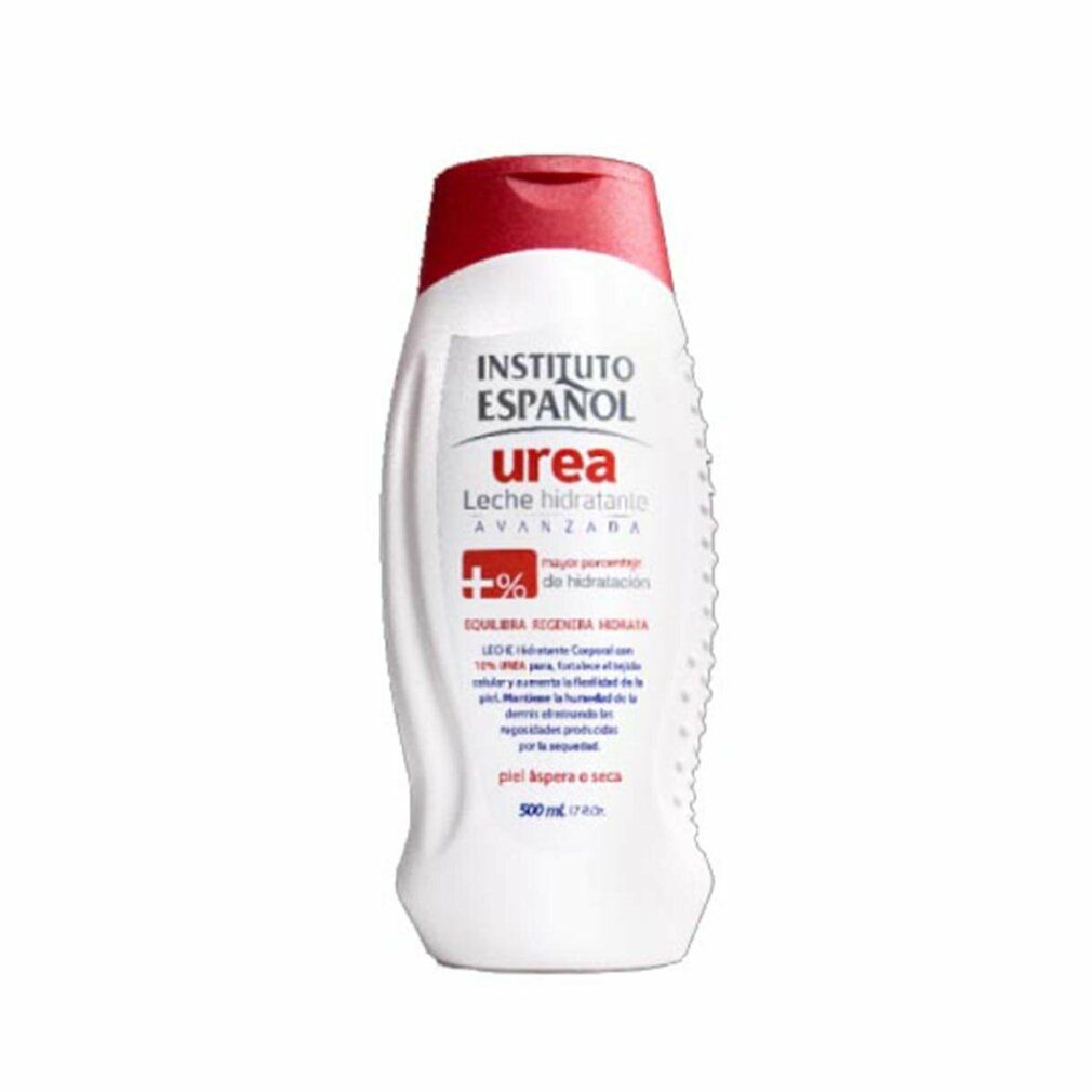 Weiße Flasche mit rotem Deckel. Aufschrift Instituto Español Urea. Leche hidratante. 10% Urea. Für trockene Haut.