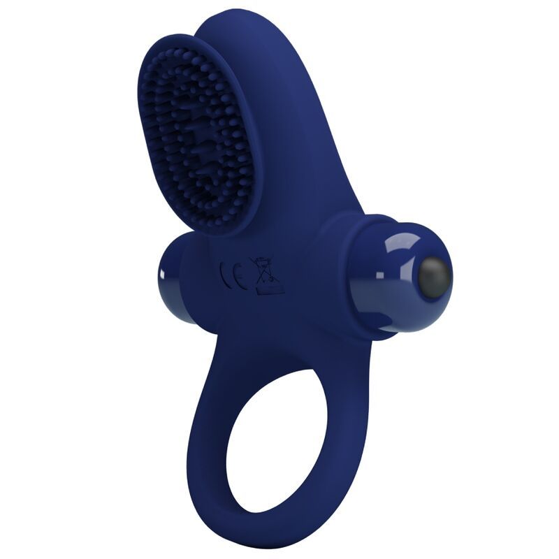 Blauer Penisring mit Vibration. Ringförmige Basis, Aufsatz mit Noppen und zwei seitlichen Elementen. CE-Kennzeichnung.