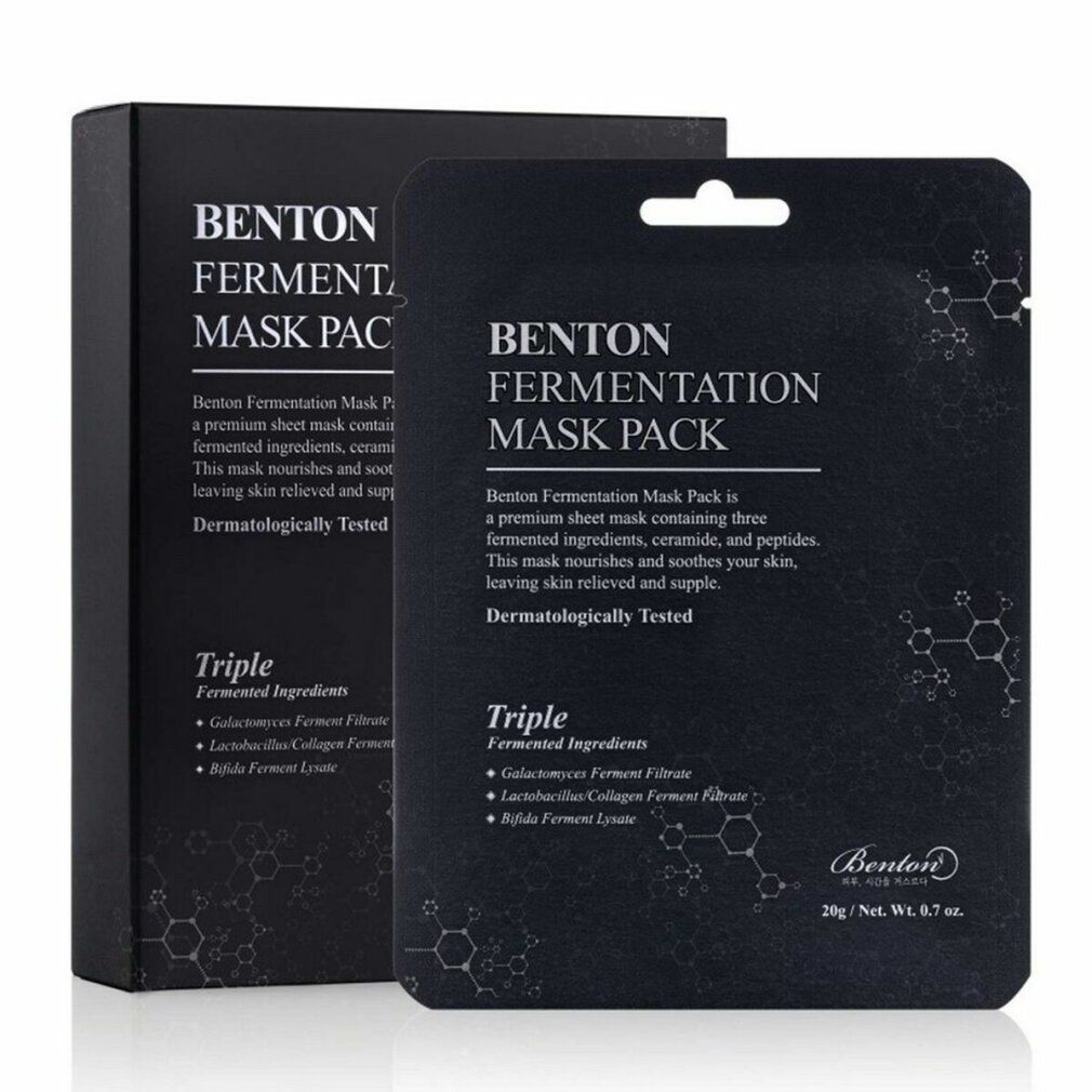 Benton Fermentation Mask Pack Einzelverpackung und Kartonverpackung, beide mit Produktinformationen.